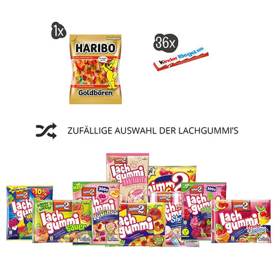 Genussleben Box mit Fruchtgummis & Schokolade Kinder Riegel, Haribo und Lachgummi