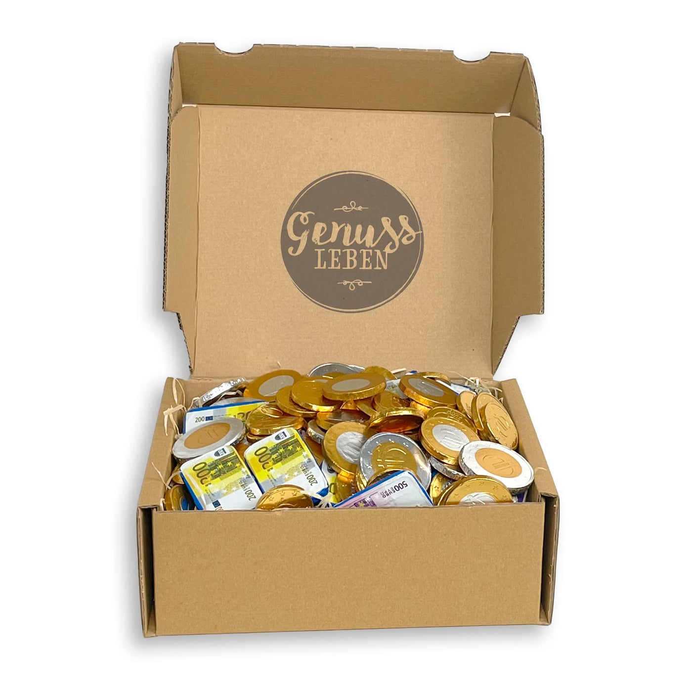 Genusslebenbox mit 1000g Schokoladen-Geld, Vorratspackung zum Teilen und Naschen
