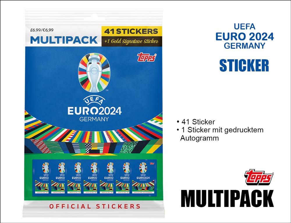 Topps EM 2024 Multipack mit 41 Stickern + 1 Sticker mit aufgedrucktem Autogramm