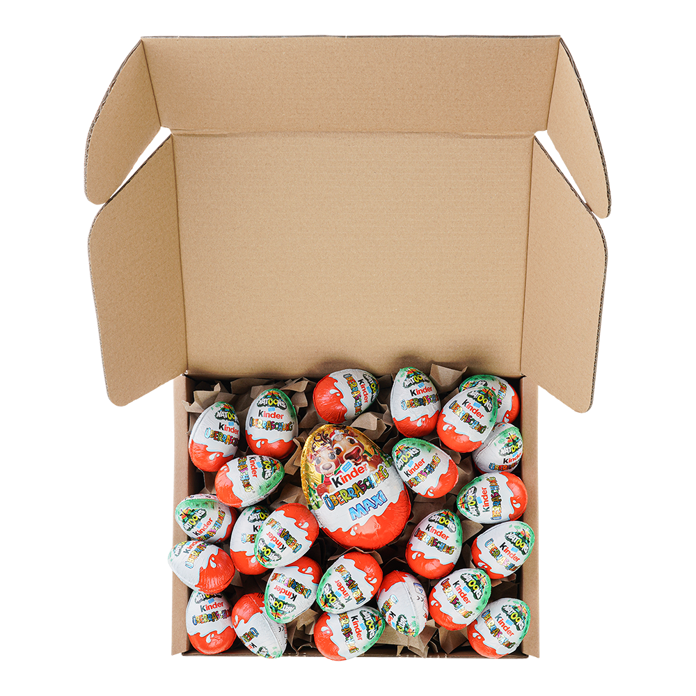 Genussleben Box mit Kinder Überraschungseier 24x und 1x Maxi Ü-Ei, Süßigkeiten und Spielzeug, Ü Eier in Großpackung