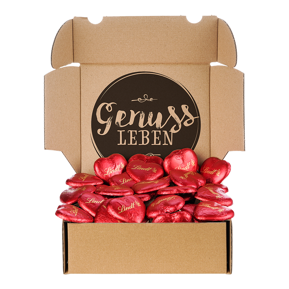 Genussleben Box mit Herz Lindt Schokolade Vollmilch Schokoladenherzen 700g