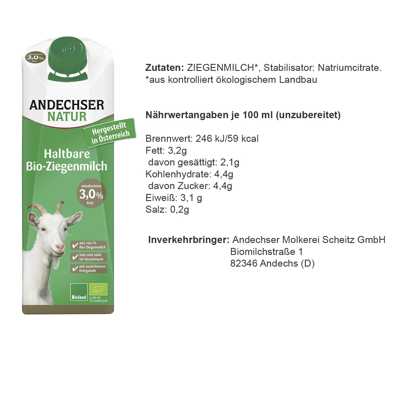 Andechser Bio Ziegenmilch 3% 1l - Genussleben