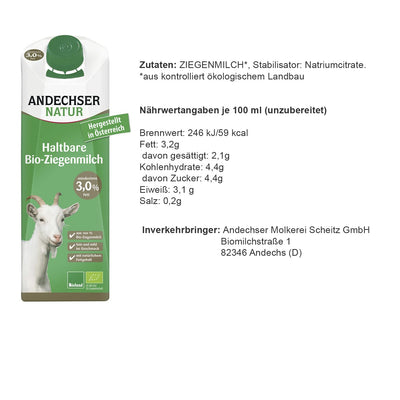Andechser Bio Ziegenmilch 3% 1l - Genussleben