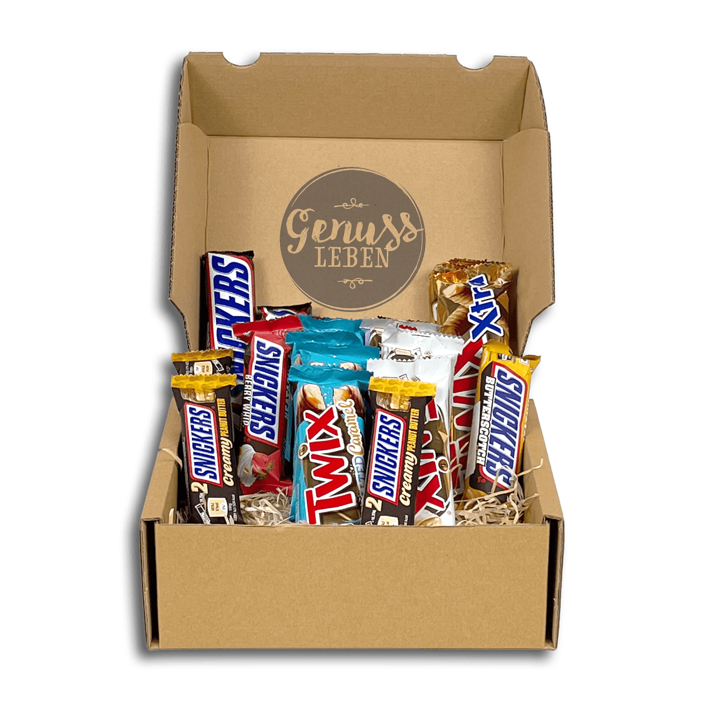 Genussleben Box mit 1kg Mix Snickers & Twix Riegeln im Mix - Genussleben