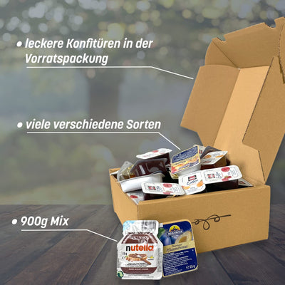Genussleben Box mit 900g Konfitüre von Schwartau, Langnese, Mühlhäuser, Milka und nutella verschiedene Sorten in Portionspackungen - Genussleben