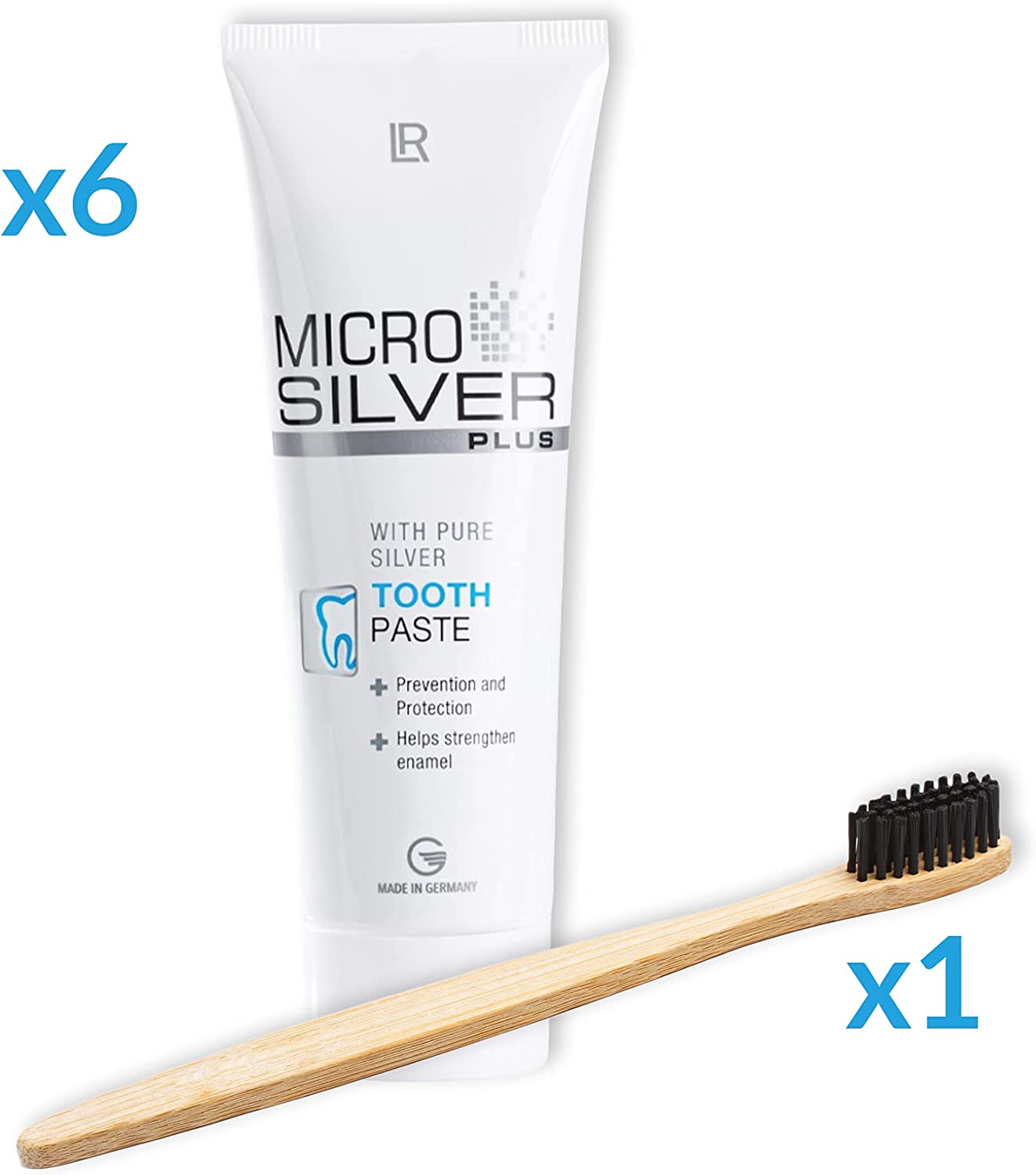 Genussleben Zahnpflege Set aus 1x Zahnbürste aus Bambus und 6x LR MicroSilver Zahnpasta - Genussleben