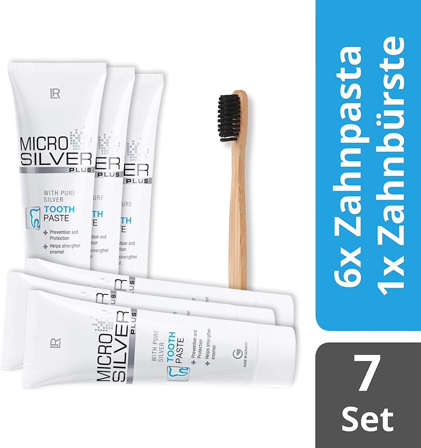 Genussleben Zahnpflege Set aus 1x Zahnbürste aus Bambus und 6x LR MicroSilver Zahnpasta - Genussleben